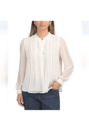 Adrianna Papell Ivory Ruffled Pintuck Lace-Trim Blouse